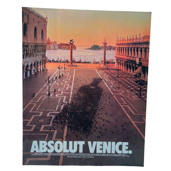 Absolut Vodka Venice Print Ad Vintage 90s Pigeon Flock Bottle Street View - Picture 1 of 5